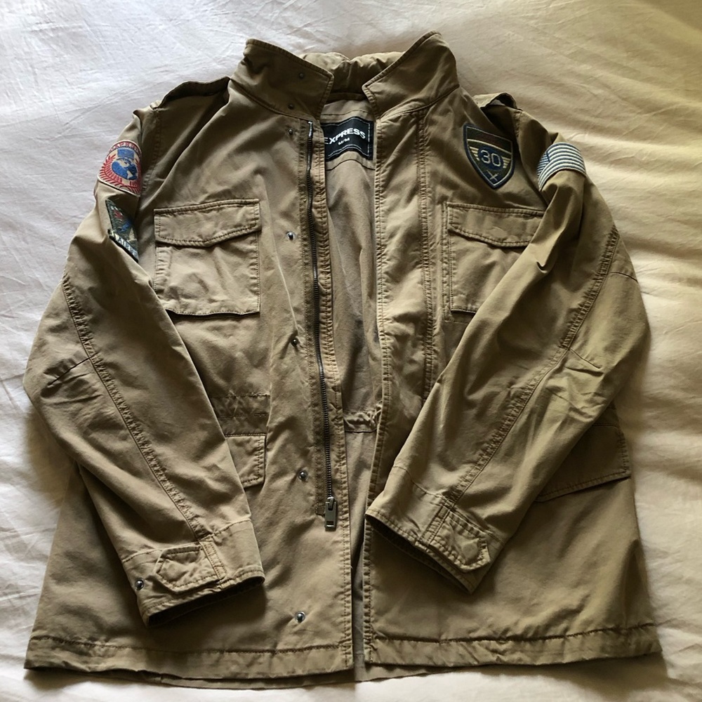 Express Men’s Tan Military Jacket with Patches & Hidden Hood | Medium